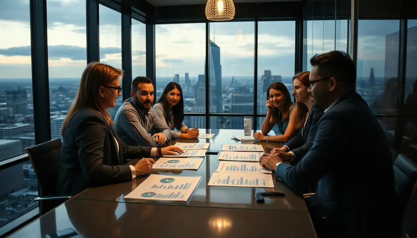 Executive team reviewing printed bar charts around a conference table high above a city