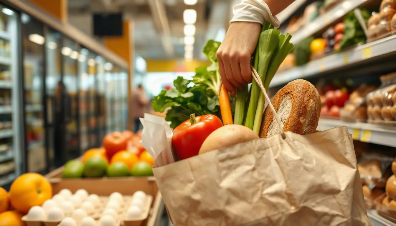 Shopper placing fresh vegetables and bread into a paper grocery bag in a supermarket