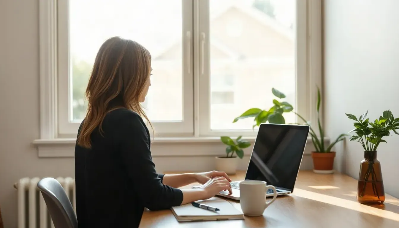 Investor working at a home desk by a sunny window with a laptop, notebook and coffee