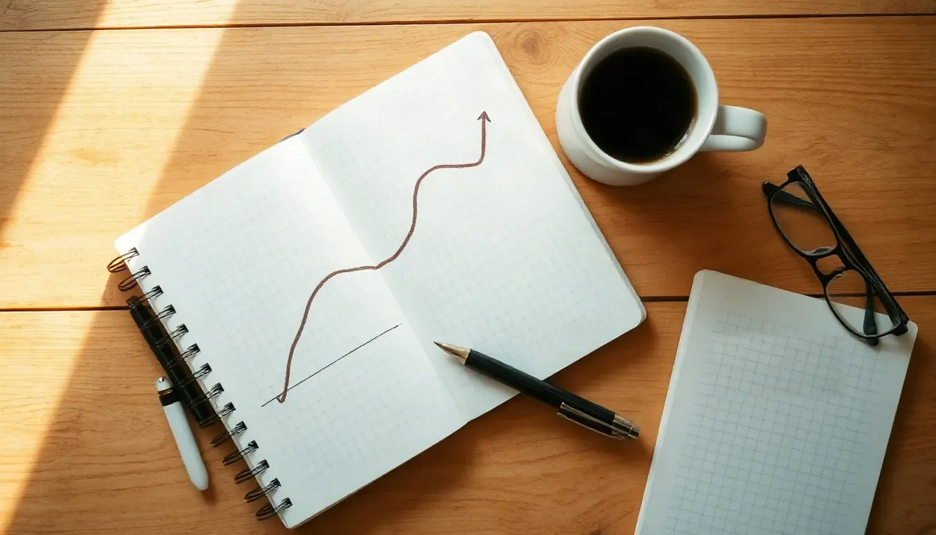 Open notebook with a hand-drawn line chart beside a pen, reading glasses and a cup of coffee
