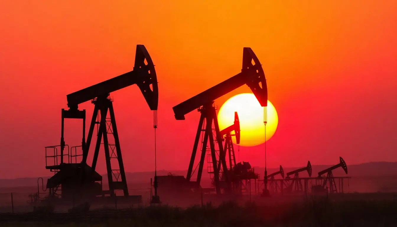 Oil pumpjacks silhouetted against an orange sunset in West Texas