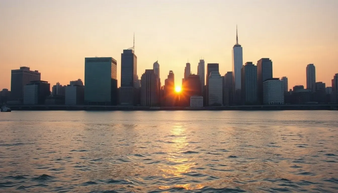 Lower Manhattan skyline at sunrise seen across the East River