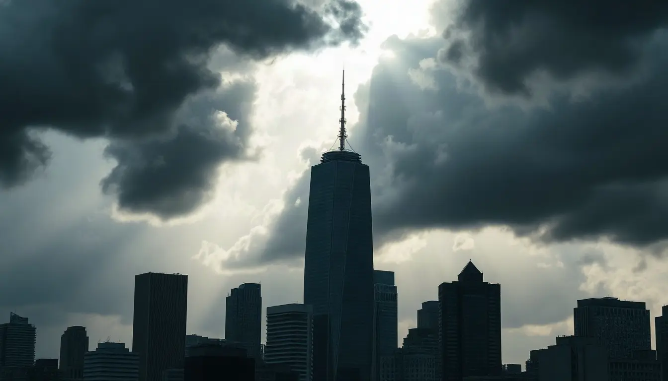 Dark storm clouds over a city skyline with a break of sunlight on one tower