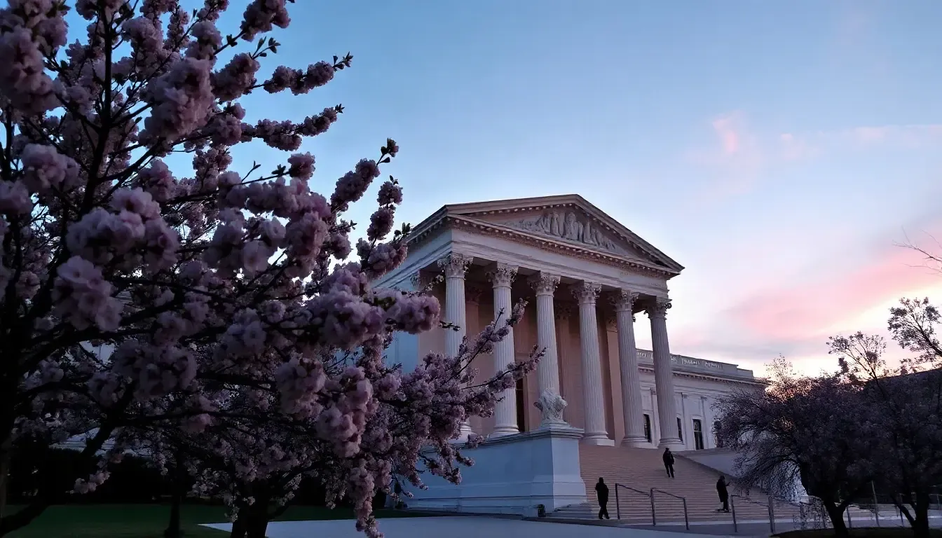 Neoclassical marble government building with columns in Washington, D.C., framed by cherry blossoms at dusk